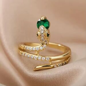 Gold Snake Ring with Emerald Green Gem